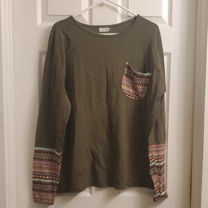 Olive Green Patterned Sleeve Women's Top